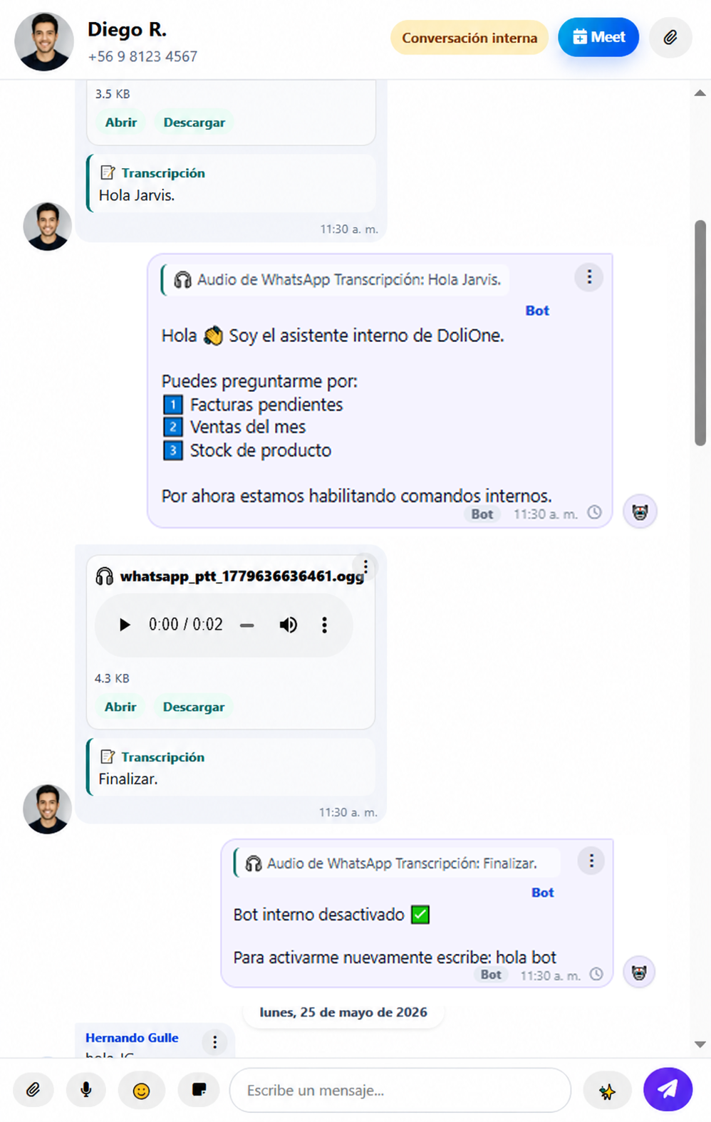 Consulta conversacional a DoliOne desde WhatsApp