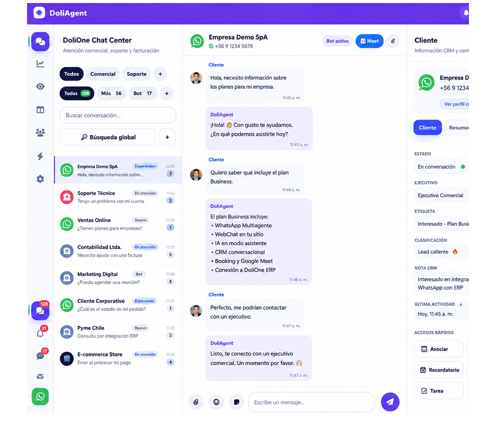 Interfaz de DoliAgent con conversaciones, chat y contexto CRM
